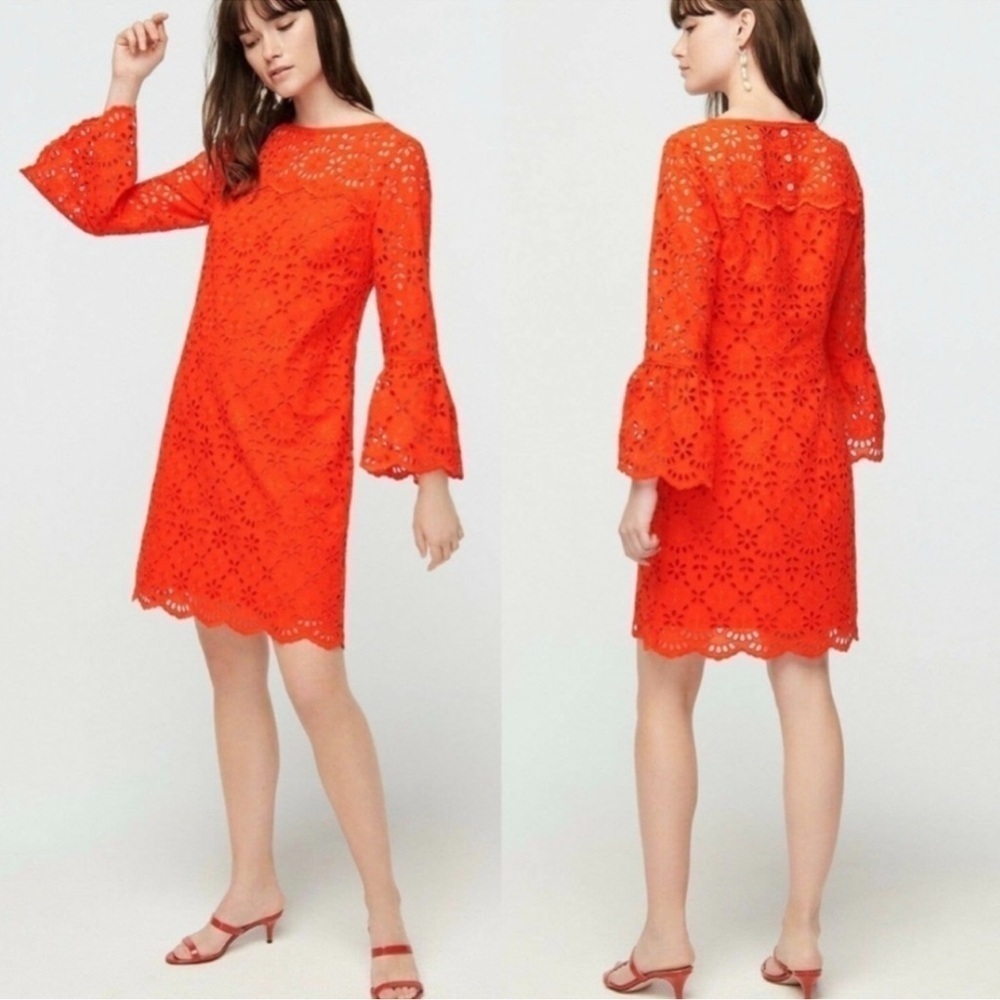 J. Crew Dress Women 8 Eyelet Long Bell Sleeve Sheath Red J